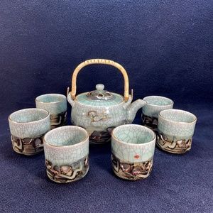 Otagiri Somaoyaki Soma Ware 7 Piece Tea Set Green Crackle Heart Unicorn